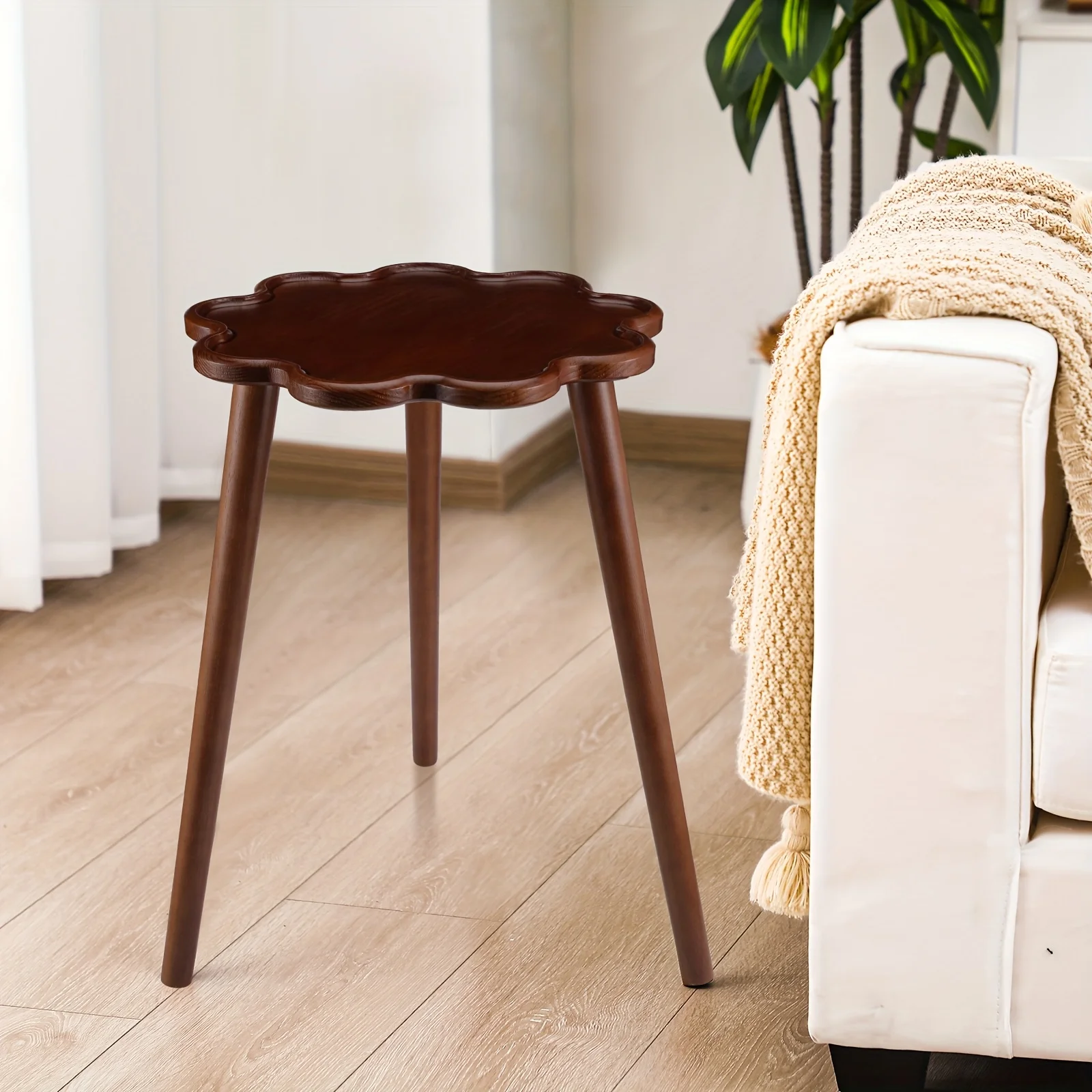 

Contemporary Small Round Wooden Side Table Measuring 15 Inches by 15 Inches And 22 Inches Tall, Featuring a Brown Mid-Century Solid Wood Design with a Wavy Edge