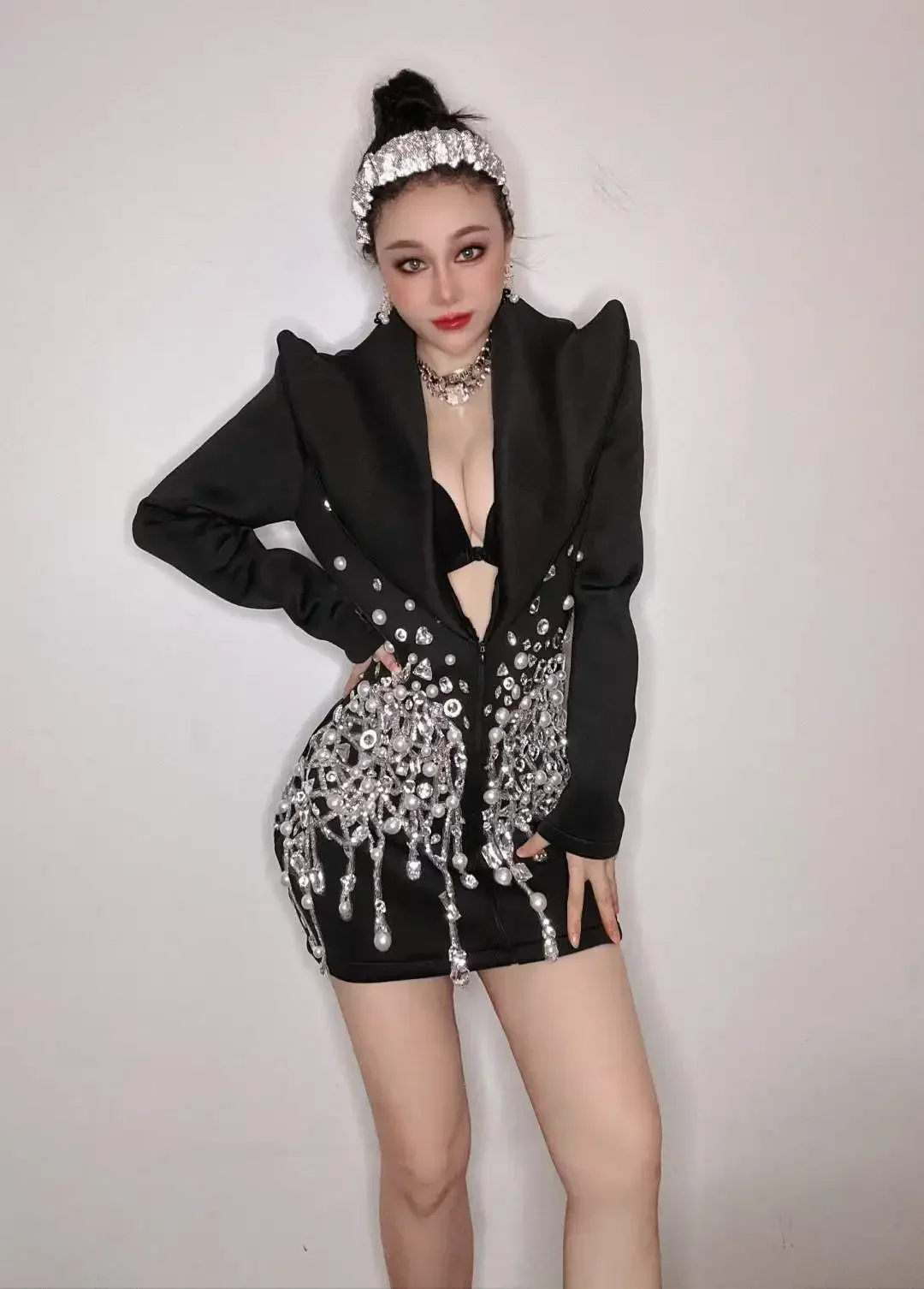 Black Women Pearl Shinning Blazer Style Rhinestone Birthday Drag Queen Outfit Stage Performance Costume Celebrate Dress Show