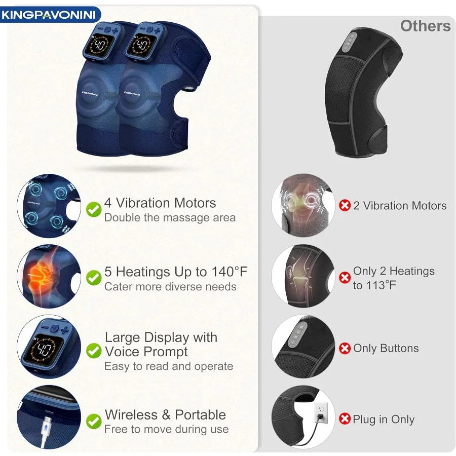 Draadloze kniemassageapparaat voor pijnverlichting met 4 motoren Trillingen 5 warmteniveaus 6 massagemodi Verwarmde kniemassageapparaatbrace voor kunst