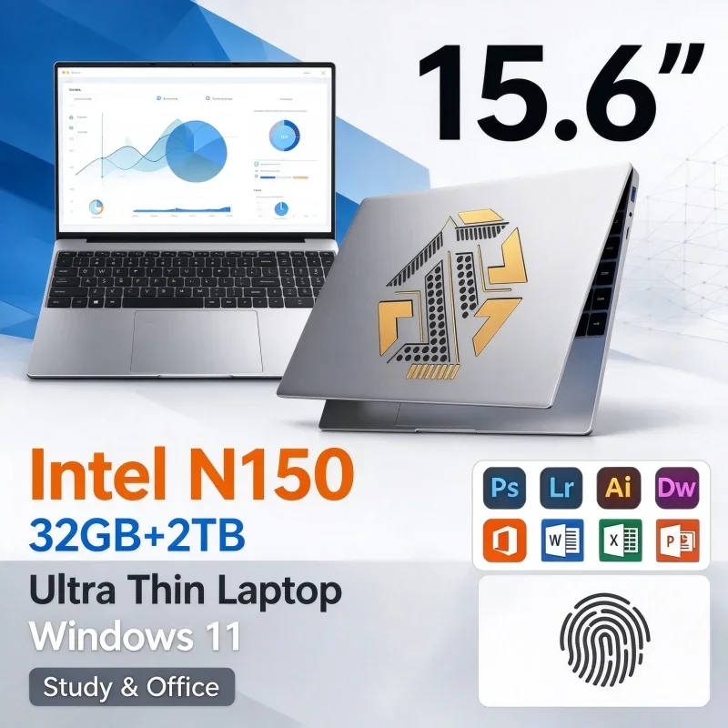 Intel N150 Portable Laptop 15.6'' Inch Windows 11 32GB RAM 1TB 2TB SSD Fingerprint Unlock Daily Business Office Gaming Notebook