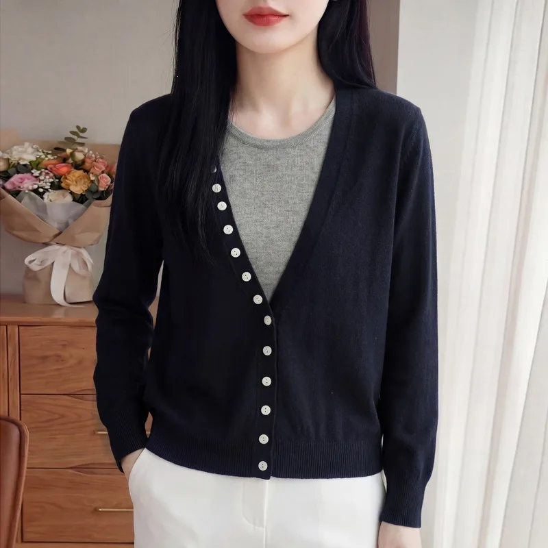 Women French Lazy Style Faux Two Piece V Neck Knit Sweater Imitation Wool Color Contrast Pullover