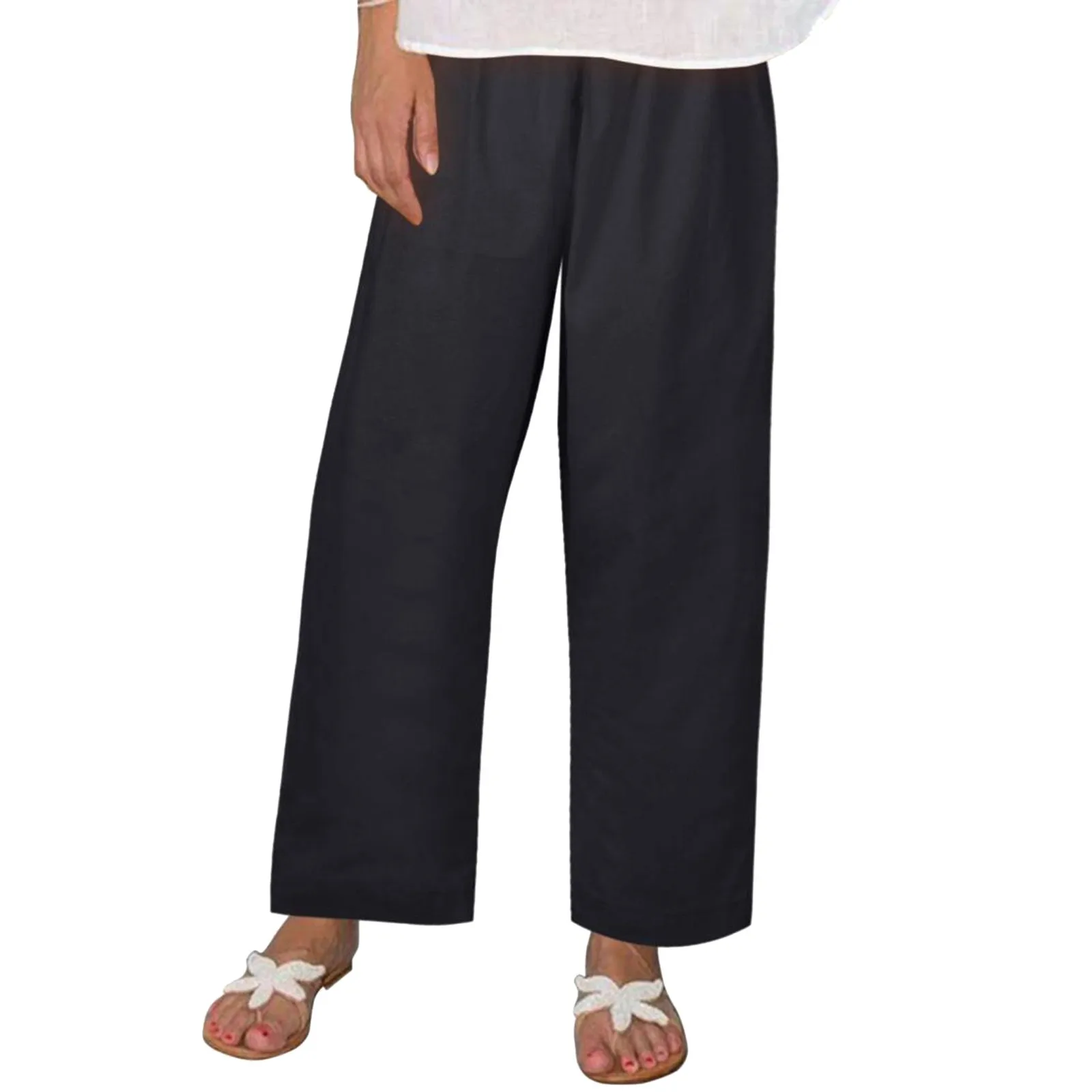 Women Spring Fall Plus Size Wide Leg Trouser Ladies Breathable Travel High Elastic Waist Solid Loose Fitting Flairy Linen Pant