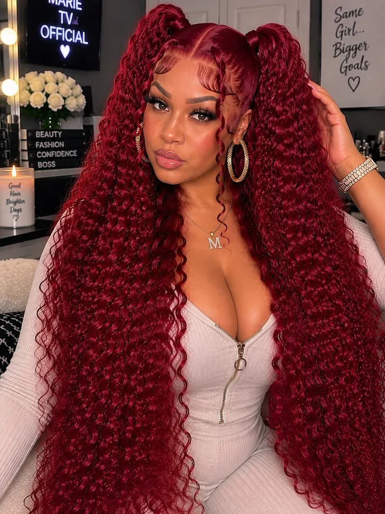 Deep Wave 99J Red Burgundy Color 13X4 Lace Frontal Human Hair Wig For Women Pre Plucked Bleached Knot Natural Hairline Baby Hair