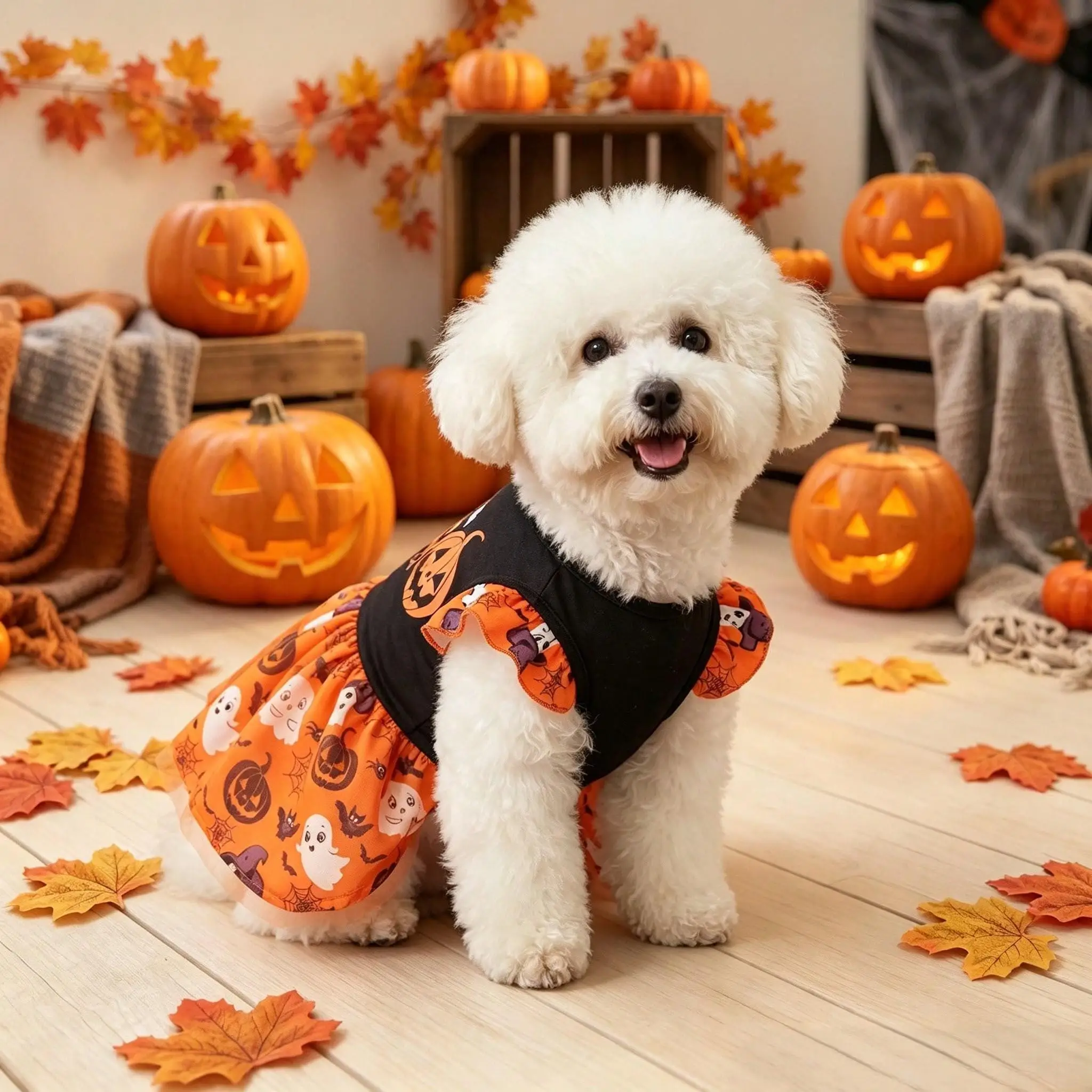 Fröhliches Halloween-Hundekleid mit Rüschen, Kürbis, Geist, Fledermaus, Spinne, orangefarbenem Netz-Tüllrock, Haustier-Outfit für kleine und mittelgroße Hunde und Katzen – Detail 8