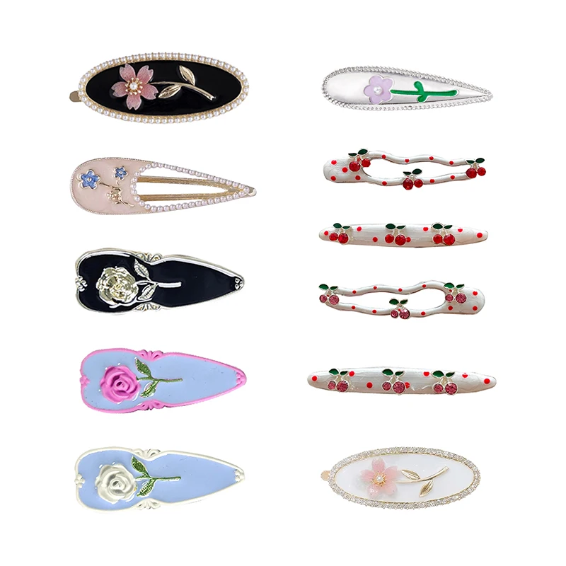 

Retro Sweet Polka Dot Rhinestone Red Cherry Drops Oil Flower Pink Rose Wave Hair Clip Hairpin Side Clip Alloy Hairpin Women Girl