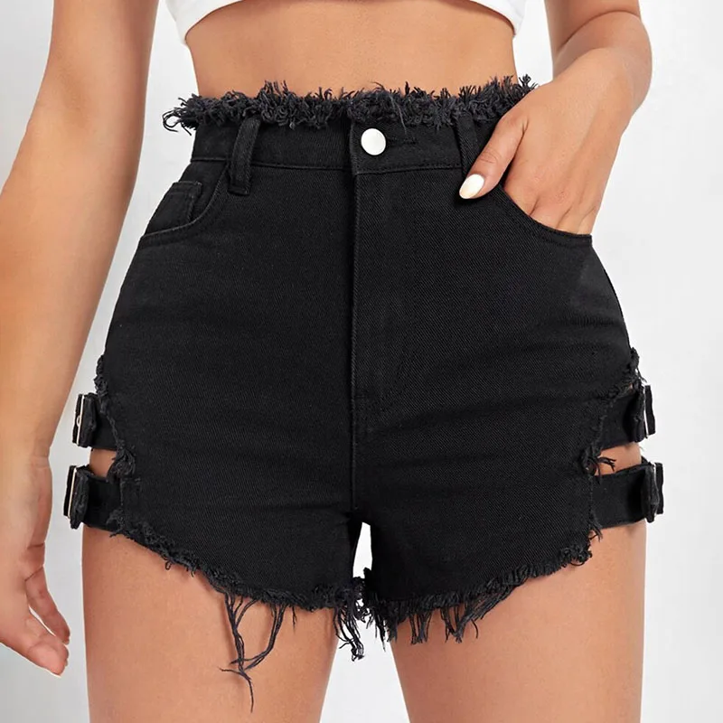 Shorts jeans skinny de cintura alta para mulheres estilo americano angustiado oco fivela de metal gravata cintura streetwear