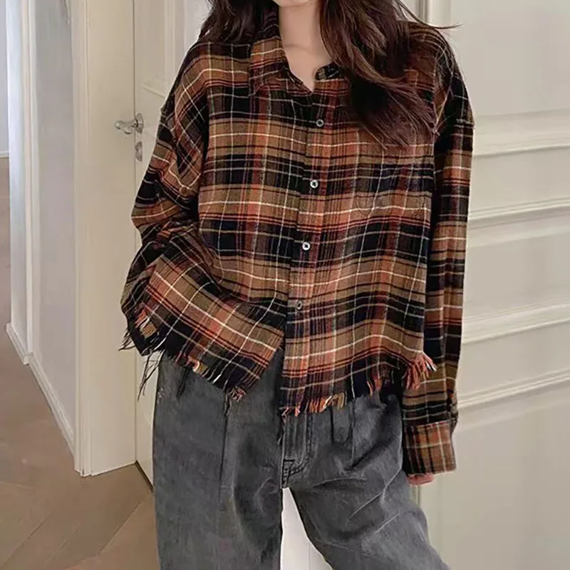 2026, New Design, Women's Plaid Distressed Fringe Shirt, Collarless Long-Sleeved Blazer, High-Quality Pure Cotton Top, Y2K Style