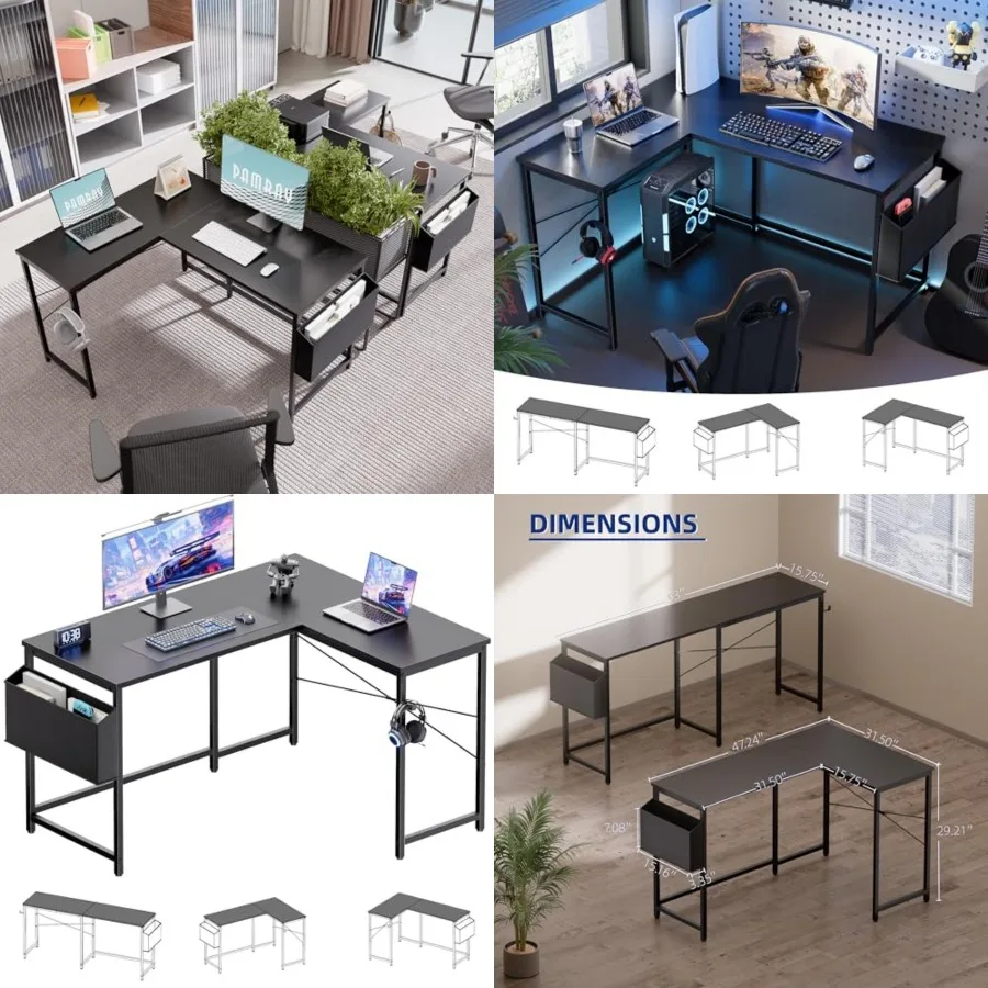 

Reversible L Shaped Gaming Desk Corner Computer Desk with Storage Bag Home Office Table for Writing Study