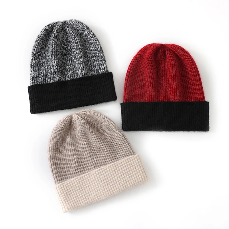 高級100％カシミヤ帽子-ユニセックス-カラーブロッキング-耳当て付きビーニー-冬用ニット帽子-多用途-暖かい帽子
