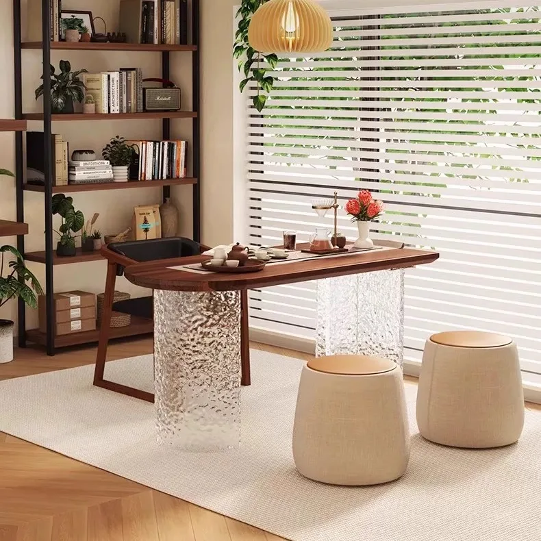 Simple balcony office tea table integrated walnut stone pattern acrylic creative tea table household