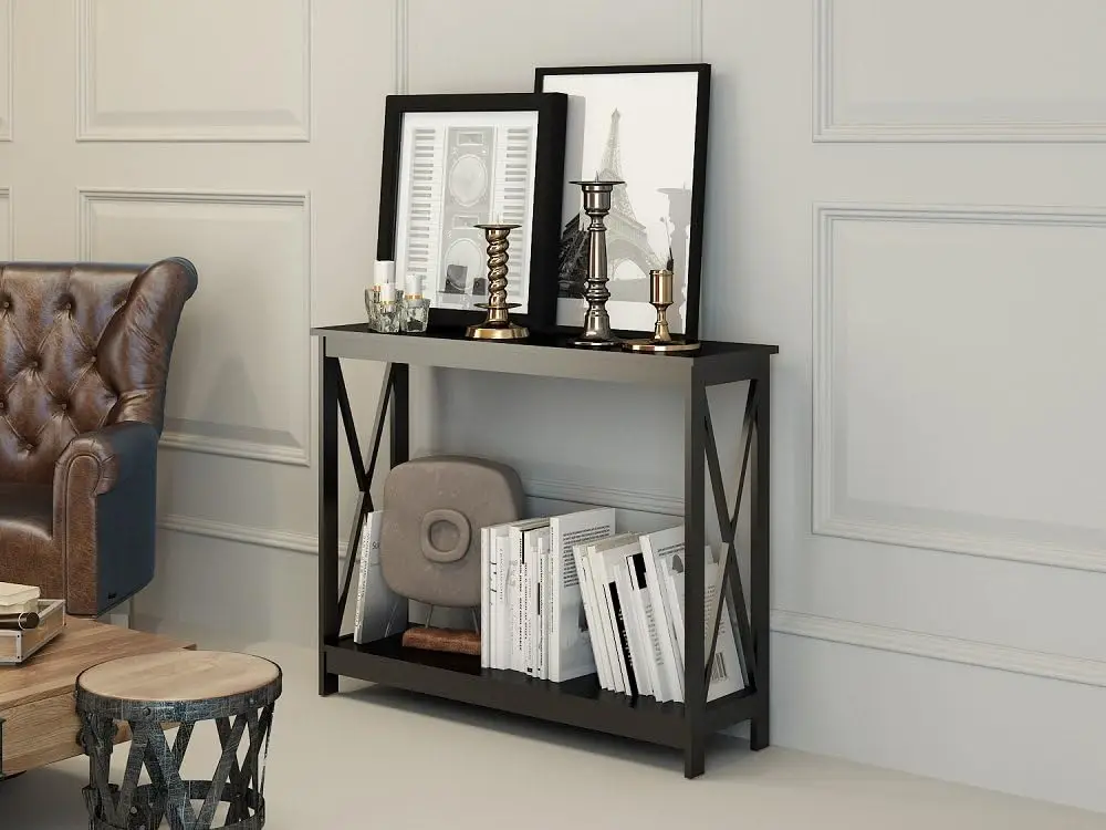 

Black Finish 3-Tier X-Design Occasional Console Sofa Table Bookshelf