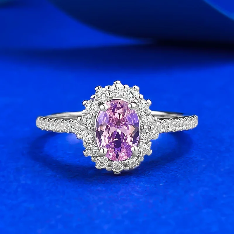 S925 silver pink lover 5 * 7mm oval egg shaped Papalacha pigeon egg zircon inlaid ring ring
