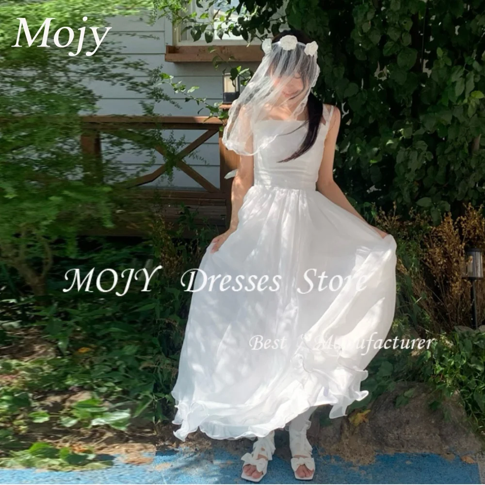 Mojy A-line Simple Wedding Dresses Spaghetti Straps Draped Floor-Length Bridal Gown Photo Shoot Dresses Customized Organza