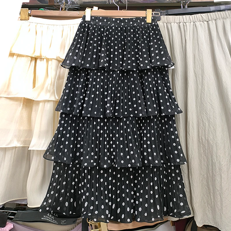 Summer New High Waist Polka Dot Chiffon Cake Skirt mid Length Women's Fashionable Slimming Half Skirt Polyester Fiber