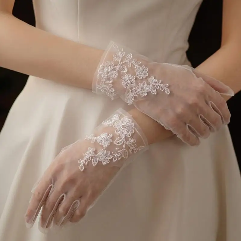A52E Sheer Wedding Gloves Floral Lace Gloves for Brides Engagement and Special Event
