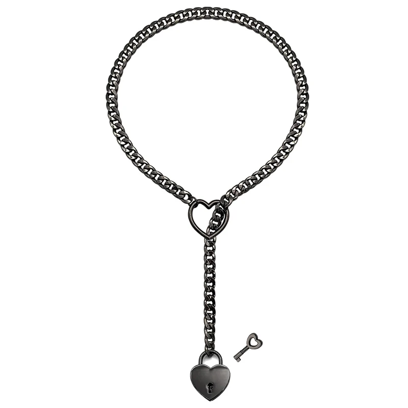 Fashion Womens Slip Chain Necklace Heart O-Ring Rock Cuban Long Necklace Adjustable Heart Shaped Lock Core With Key 2024 New