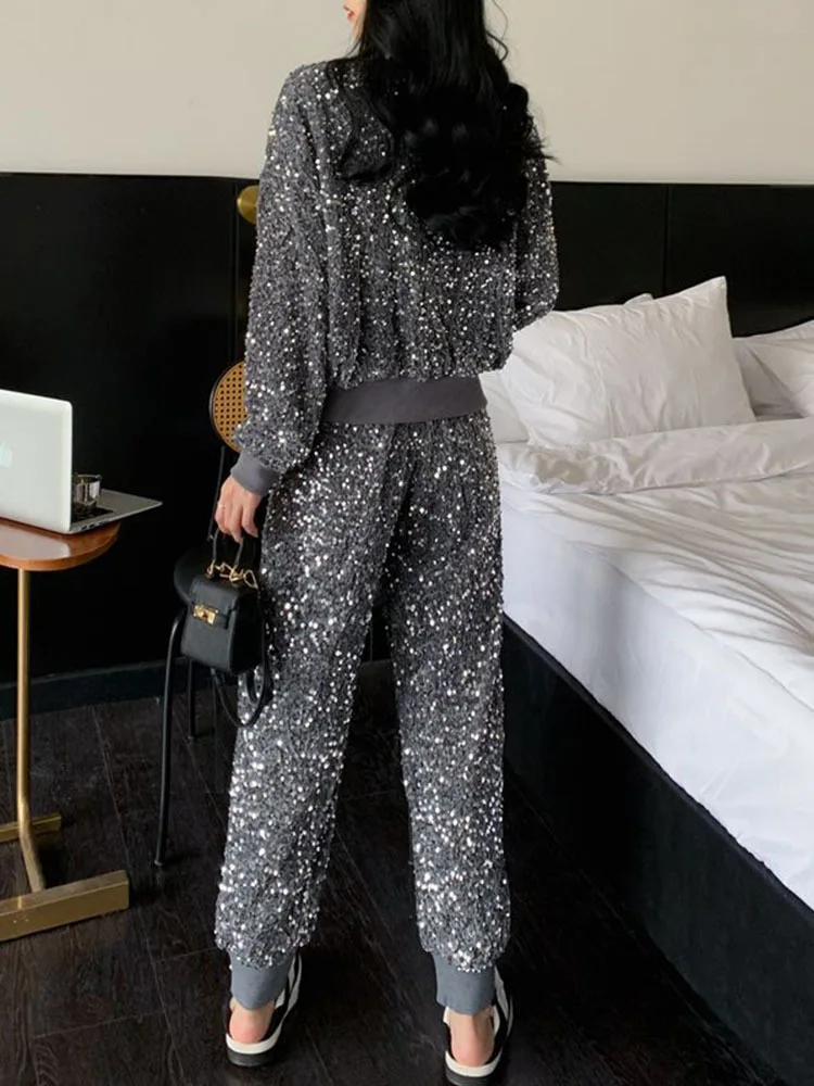 Bling Sequins Round Neck Sweatshirt Harem Pants Two-Piece Set Autumn Winter New Hoodies High Waist Harem Pants Outfits