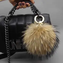 15 cm Luxury Real Racoon Fur Ball Pom Poms Fur Pompom High Quality Keychain Key Chain Metal Ring Pendant For Women F281