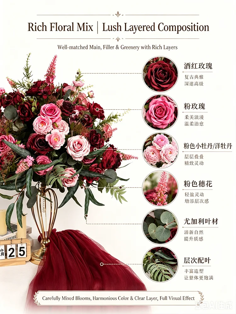Burgunderrot, Rosa Rose, Grüne Blätter, Hochzeitstisch-Mittelstück, Blumenball-Dekoration, Kirchen-Bankett-Arrangement, Blumen-Event-Bühnen-Requisite – Detail 2