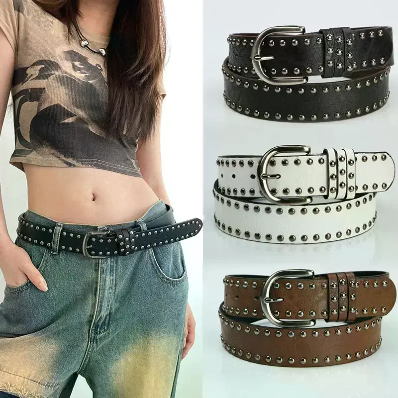 

Ремень с заклепками в стиле панк игольной пряжкой для мужчин и женщин, модный универсальный Y2K джинсовый декор, ремешок из искусственной кожи, пояс в стиле хип-хоп, ретро