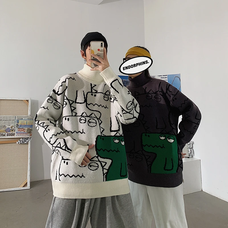Lovers sweater Hong Kong style autumn winter turtleneck line neutral cartoon jacquard sweater cheap