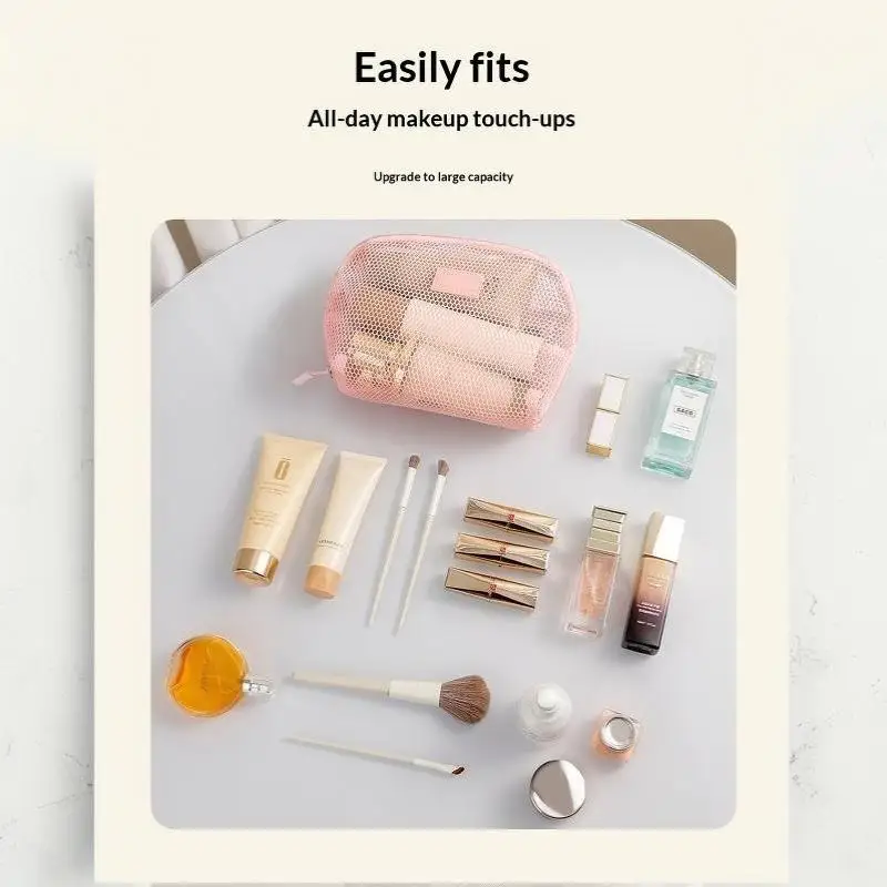 Atmungsaktive Mesh-Kosmetiktasche, Mehrzweck-Netzbeutel mit Reißverschluss, Reise-Toilettentasche für Damen, Organizer für Lippenstift und Hautpflege – Detail 13