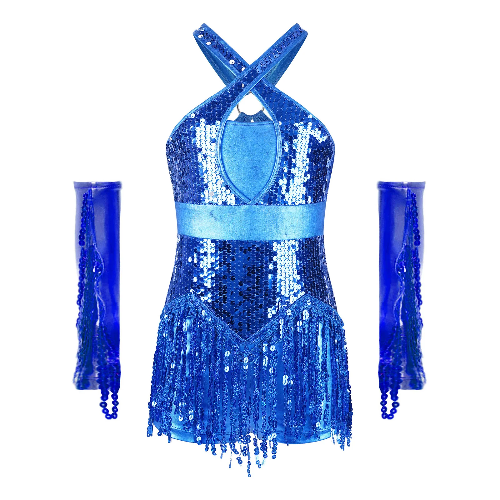 

Костюм для латинских джазовых танцев для девочек, ча-ча, самбы, румбы, танго, костюм для выступлений, платье-купальник с кисточками и бахромой, металлические перчатки