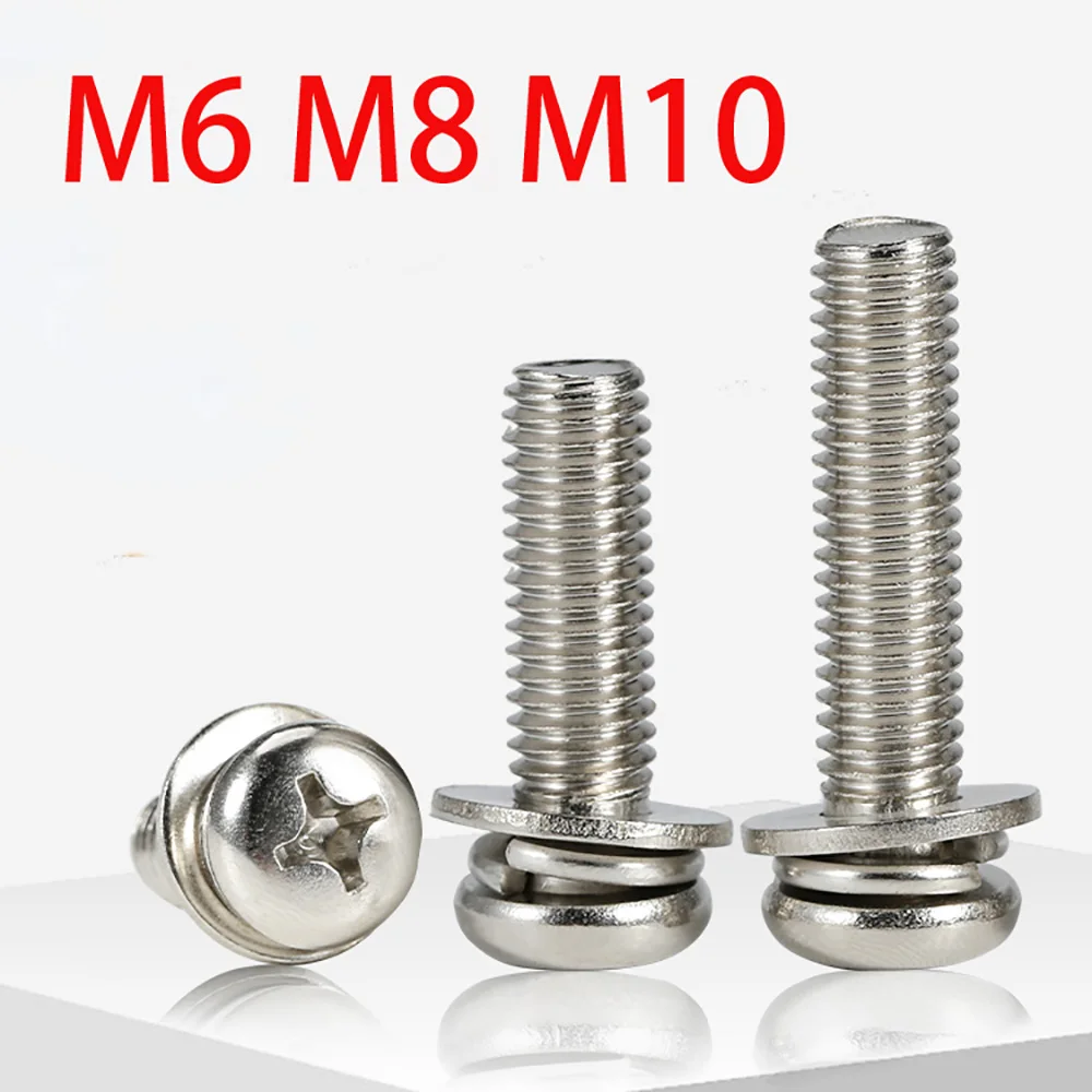 Phillips Round Pan Head Three Combination Screw Bolt M6 M8 M10 304 Stainless Steel Cross Round Head With Washer 3 In1 SEM Screws