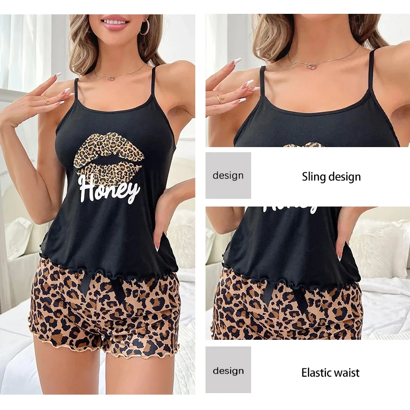 Women\'s Print Sexy Pajama Set Suspender Backless Short Sleeved and Elastic Waist Printed Leopard Print Shorts Pajama Set