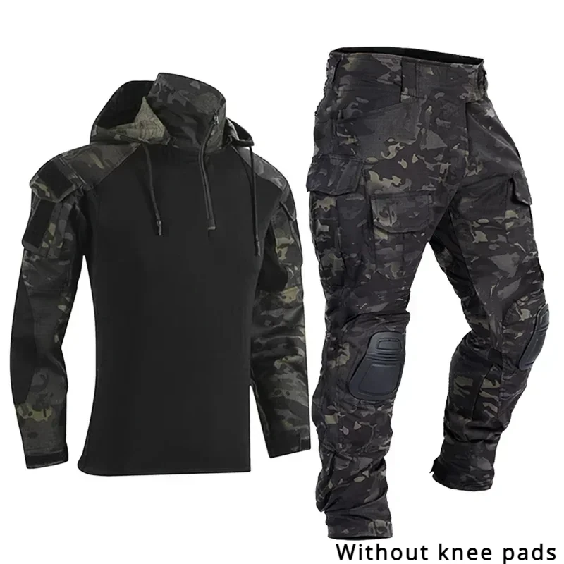 Men Train Sets Field Combat Camo Hooded Tops+Multi Pocket Tactical Pants Waterproof Hunting Uniform Frog Suits Without Knee Pads