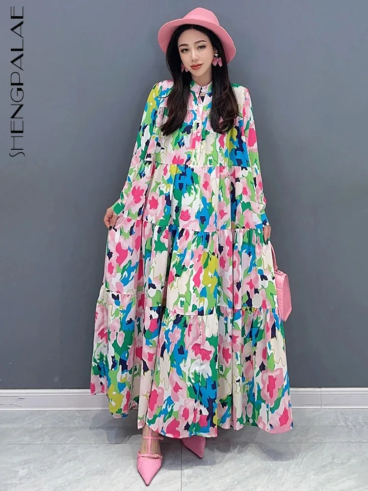 

SHENGPALAE Fashion Women's Printed Shirt Dress Stand Collar Full Sleeve A-line Chic Flower Vestido Spring 2024 New Trendy 5R9220