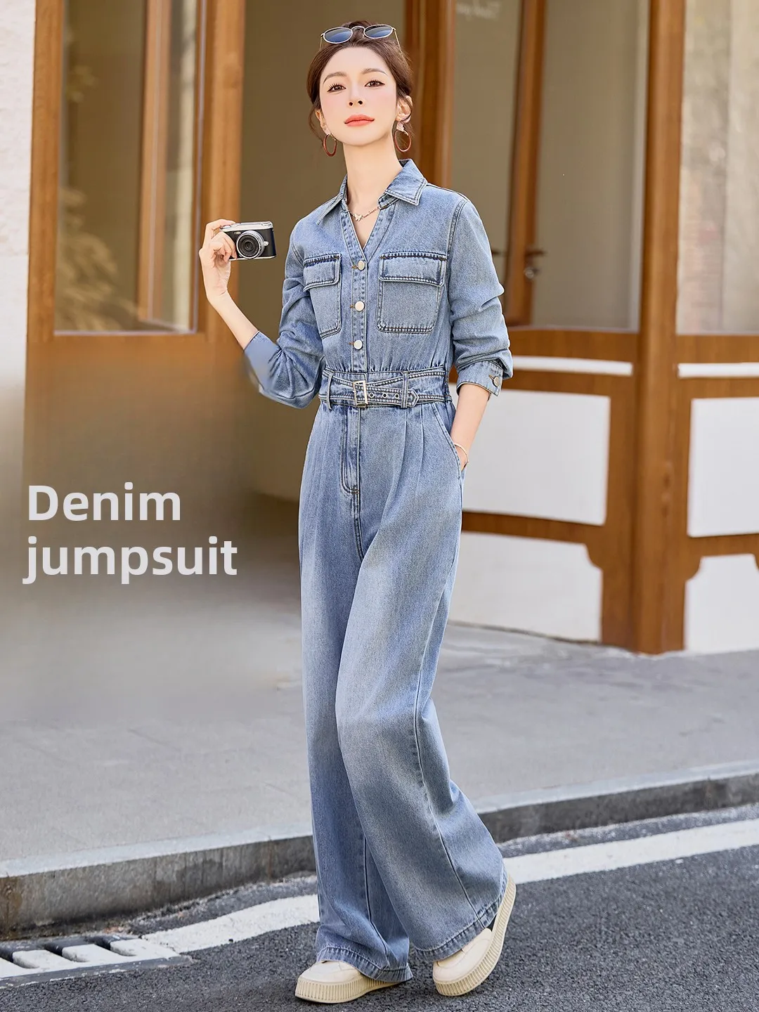 

Женские джинсовые комбинезоны Ele с высокой талией и широкими штанинами, весна-осень, новые, утягивающие, утилитарные брюки из смесового хлопка, длинные штаны