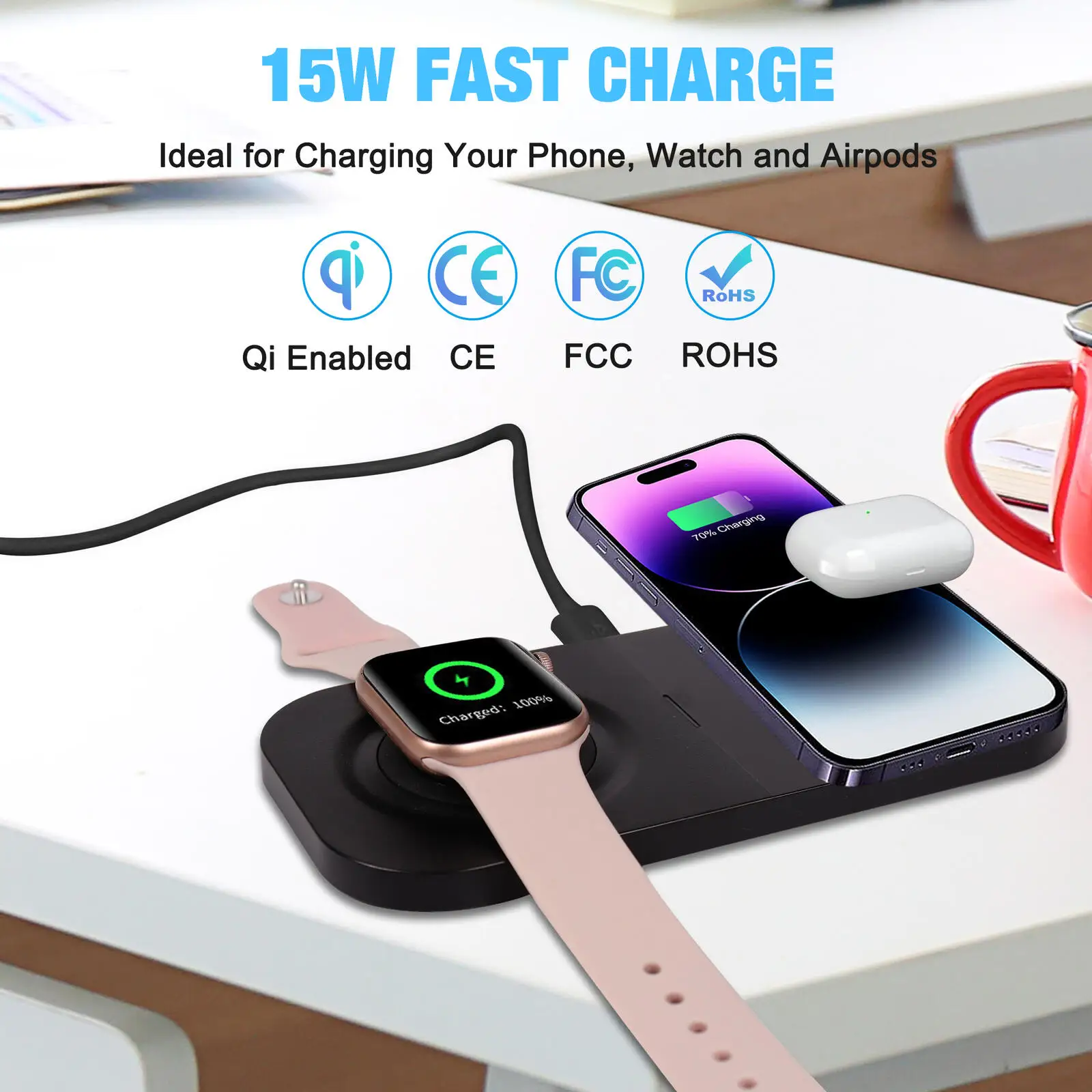 

New Portable 15W 2-in-1 Wireless Charging Pad Fast Charging Station for iPhone Apple Watch AirPods Support Simultaneous Charging