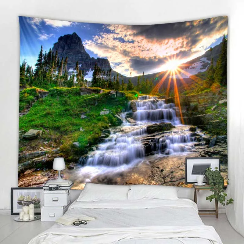 Landscape Waterfall Big Tapestry Aesthetics Room Decoration Wall Hanging Sunshine Mountain Home Bedroom Background Wall Blanket