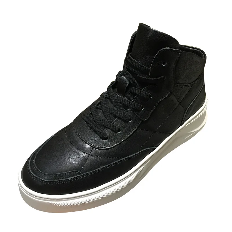 23 autumn and winter black leather high-top shoes men's trend with wool warm casual shoes