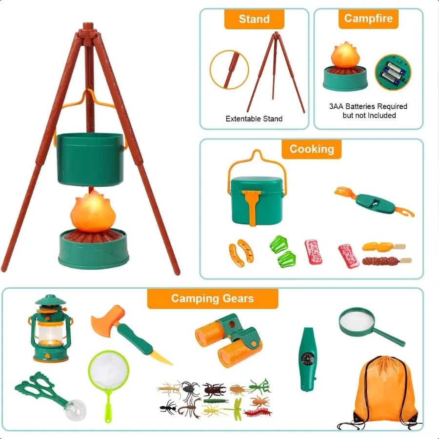 Meland ensemble de Camping avec tente jouets pour tout-petits pour garçons avec feu de camp jouets de Camping pour intérieur extérieur semblant jouer idée cadeau pour garçon