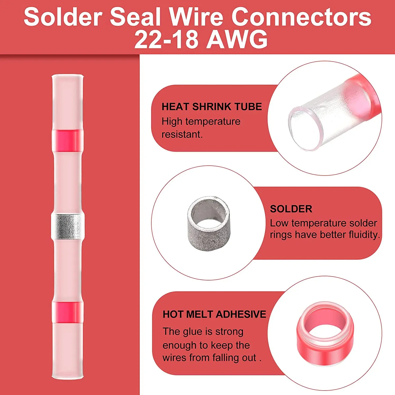 50-2000PCS Heat Shrink Butt AWG22-18 Red Solder Seal Soldering Insulated Waterproof Electrical Splice Wire Connectors Terminals