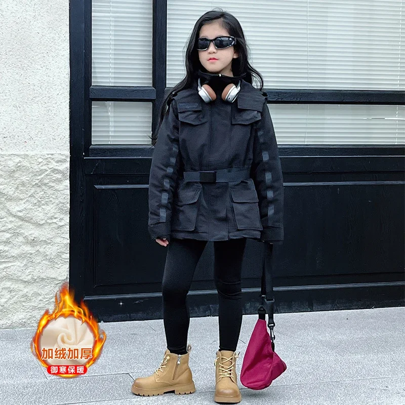 

8-10-14 teen girl winter Windproof jacket junior kid black multi-pocket zipper Workwear coat child Thick velvet outerwear Parkas