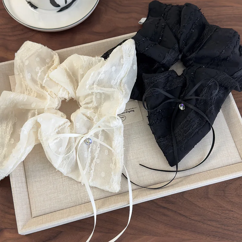 Diadema cuadrada de encaje con flecos y lazo de estilo delicado y relajado, lujosa lazo para el pelo con diamantes de imitación para coleta, accesorio para el cabello