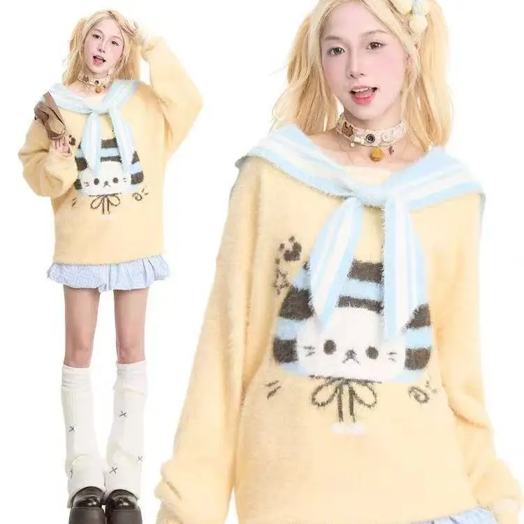 

Japan Sweet And Cute Cat New Sweater Loose Autumn And Winter Design Lazy Sweater Knitted Top