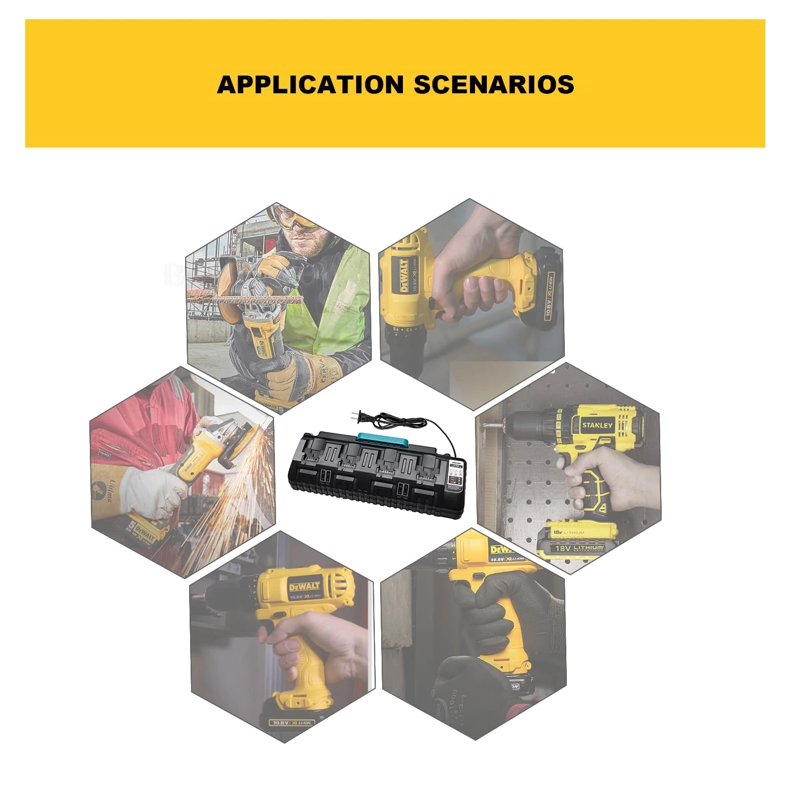 4portová nabíječka baterií kompatibilní s Dewalt 20V Li-ion bateriemi, rychlonabíjecí stanice pro nabíječku Dewalt, 2 USB porty - náhled 6