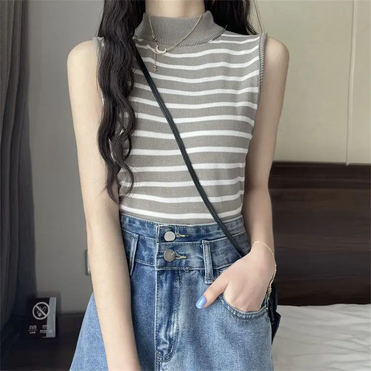 Striped Semi-turtleneck Knit Vest Women's Undershirt Summer 2023 New Slim Fit Sleeveless Off-the-shoulder Top Crop Tops