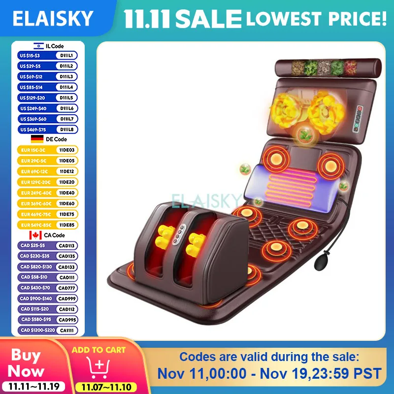 

Electric Massage Mattress Vibrating Heating Infrared Massager Kneading Mat Full Body Pain Relief Relaxation For Neck Back Foot