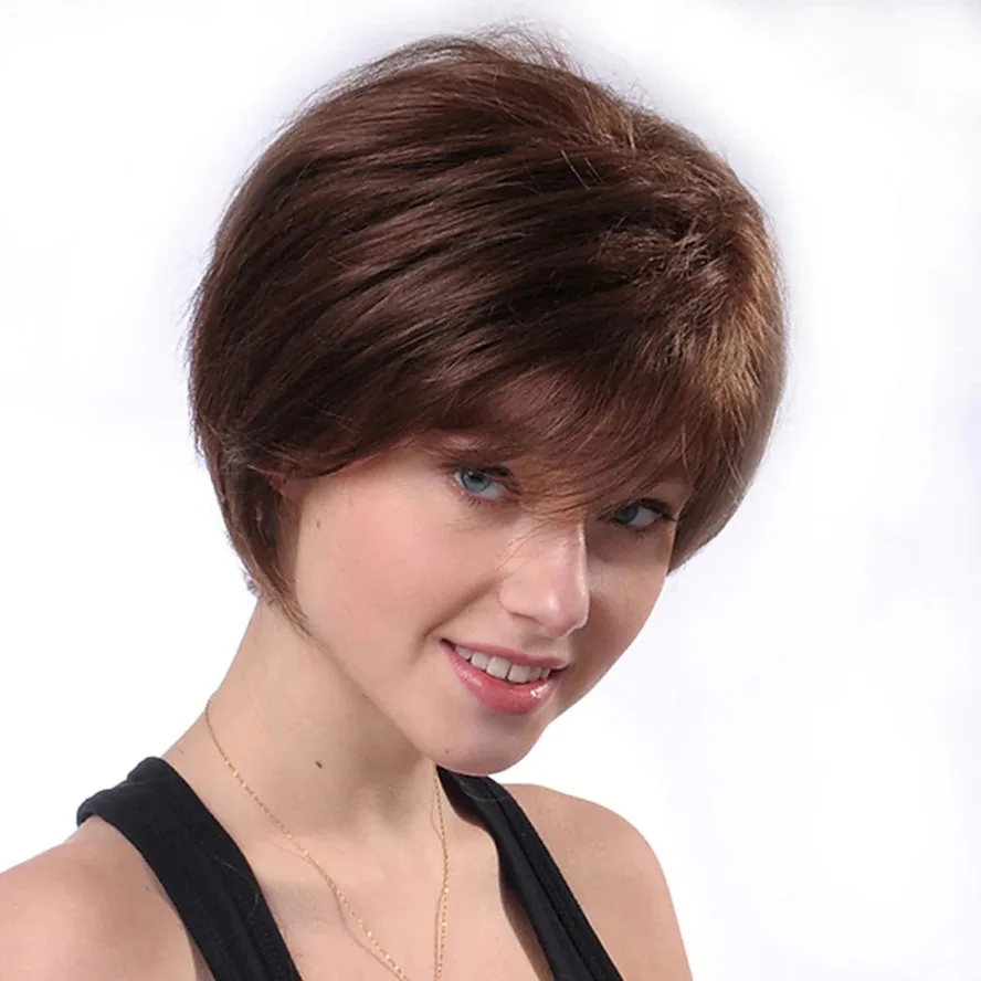 

Brown Human Hair Women Wig Short Natural Brown Straight Pixie Cut African American Capless Wig