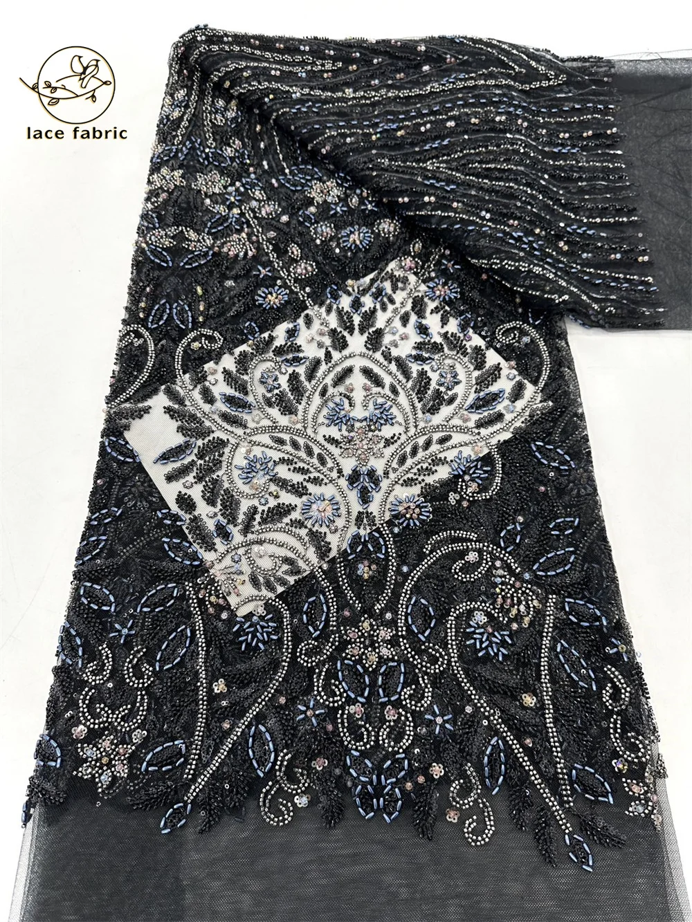 

Luxury Black African Lace Fabric With Bead Sequins 2025 Nigerian Embroidery Sequins Tulle Lace Fabrics For Sewing Party Dress