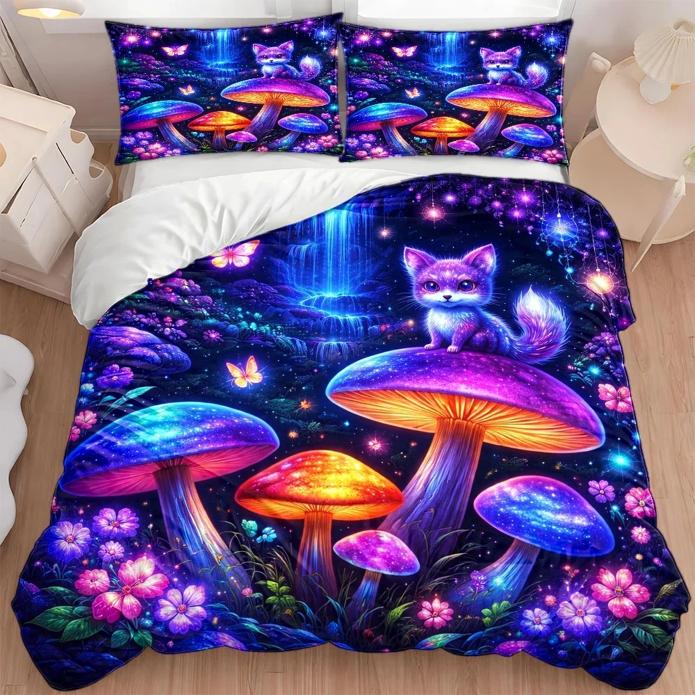 3Pc Dreamy Fluorescent Mushroom Cat Duvet Cover Set, Three-Piece Bedding Set (1*Duvet Cover + 2*Pillowcases), Suitable for All Seasons, Machine Washable, Invisible Zipper, Personal Bed Cover, Suitable for Home, Dormitory, Master Bedroom, Guest Room, Ins-Style Fantasy Forest Print Bedding Set, Large Duvet Cover Three-Piece Set, Popular Colorful Fairy Tale Style Bedding, Starry Sky Butterfly Floral Pattern Bed Cover Set, Soft and Skin-Friendly Bedroom Decoration Bedding Set 2D Flat