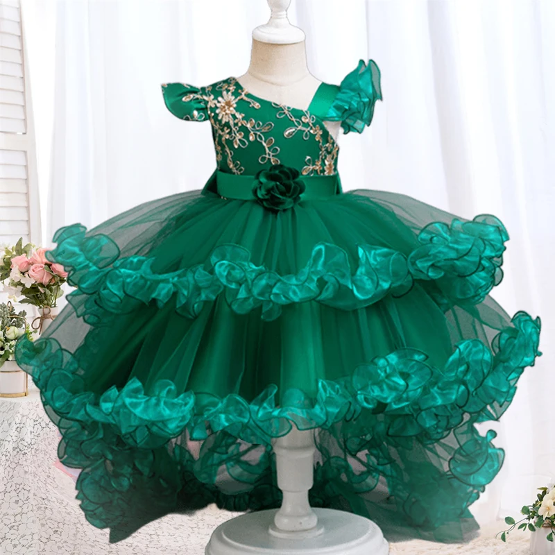 Elegant girl chiffon Christmas party dress embroidered one shoulder cake puffy dress 2024 new girl trailing wedding dress