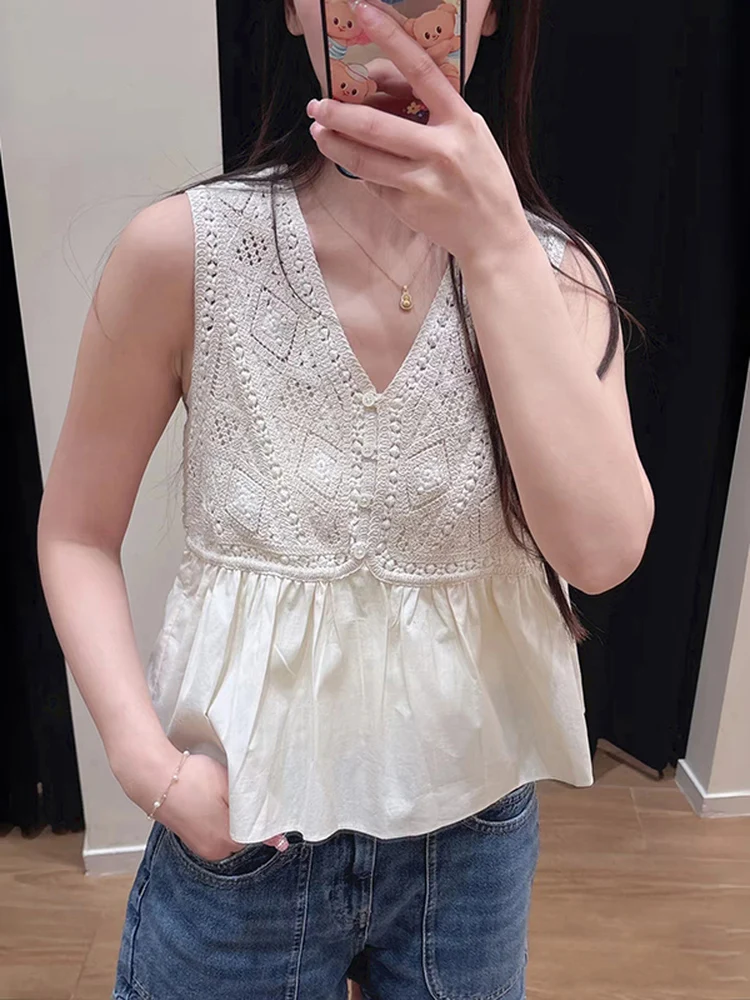 

Summer 2026 Beach Vacation Style Women's Top Sleeveless V-Neck Knitted Pattern Cotton Blend Short Length with Lace Hem