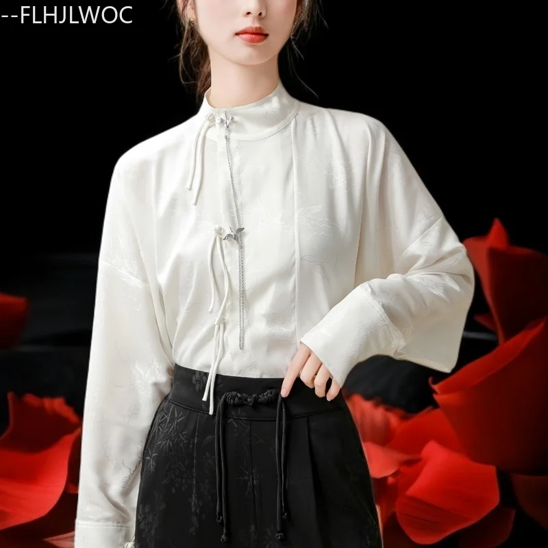 

Hot Chinese Style Chi-pao Stand Collar Design Vintage Tops New Year 2026 Women Office Lady Elegant Retro White Shirt Blouses