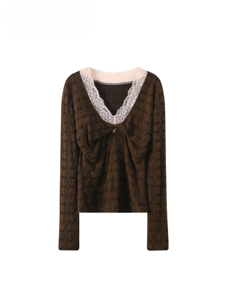 

plus Size Lace V-Ne Knitted Base irt Women's Autumn Winter New Sle Retro Beau Knitwear Fro for Plump Sister
